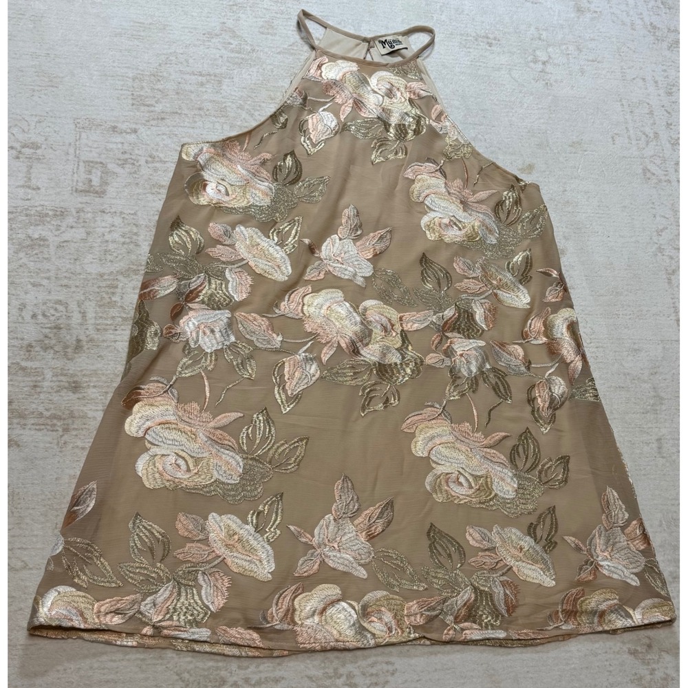 Show Me Your Mumu Dress Womens M Gold Metallic Floral Embroidered Halter Mini